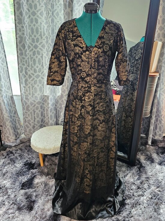 None Dresses & Skirts - Black & Gold Floral Brocade Floor‑Length Evening Gown
